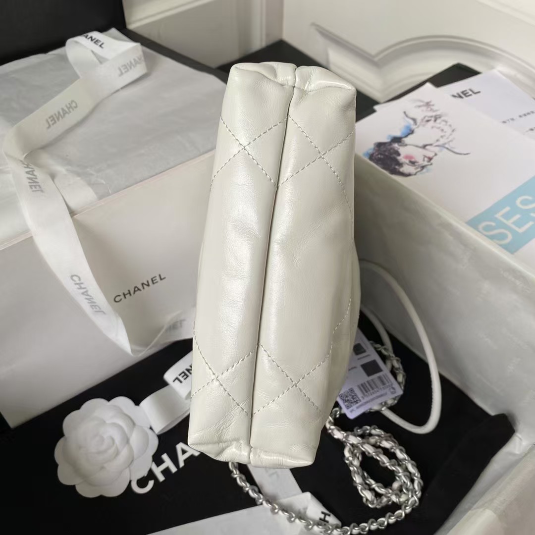 Chanel 22 AS3980 Mini Tote Shiny Calfskin & Silver-Tone Metal White - Image 6