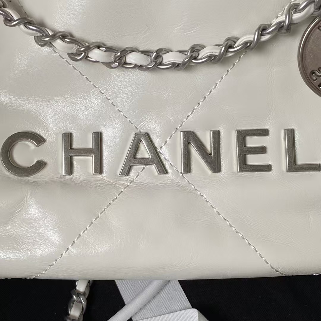 Chanel 22 AS3980 Mini Tote Shiny Calfskin & Silver-Tone Metal White - Image 7