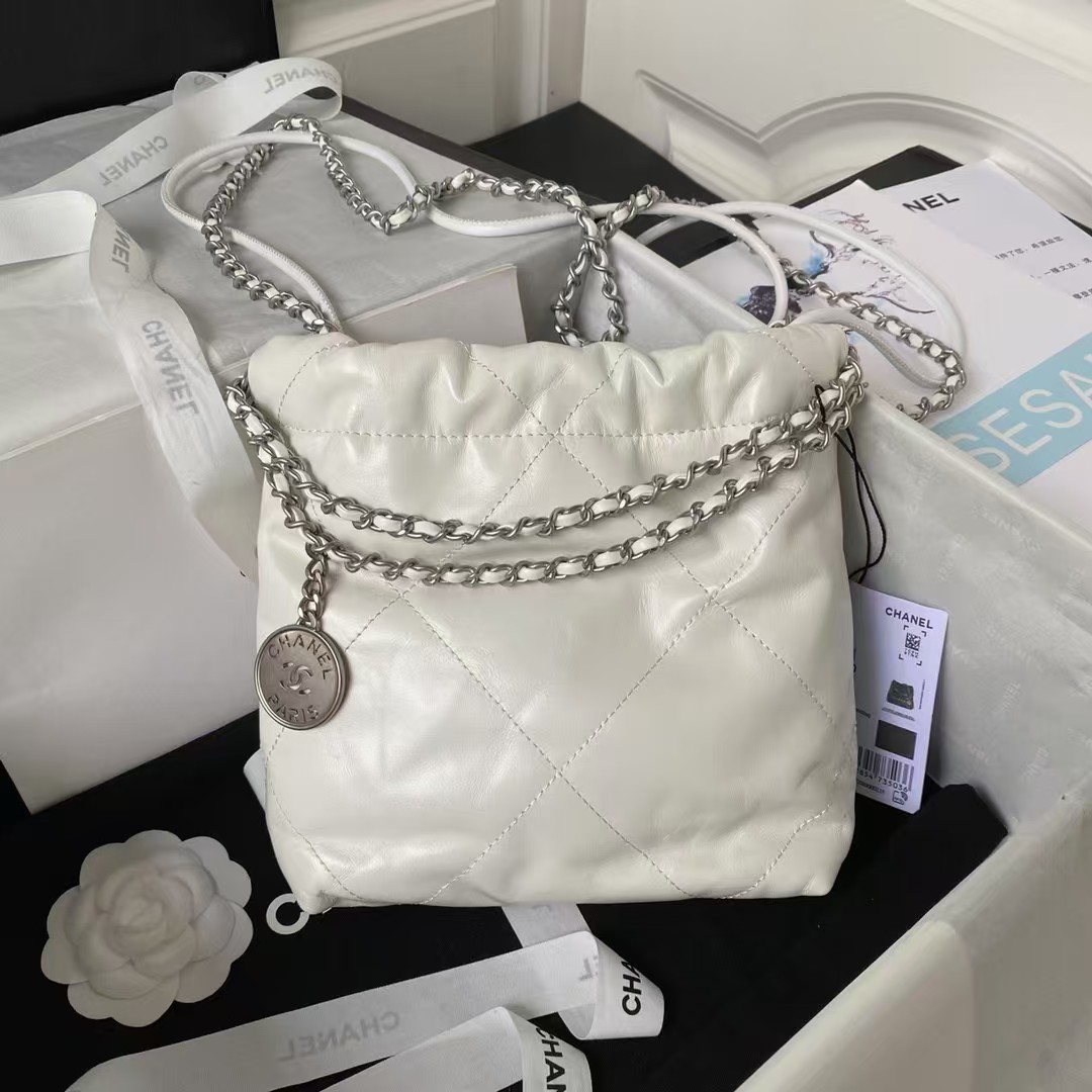 Chanel 22 AS3980 Mini Tote Shiny Calfskin & Silver-Tone Metal White - Image 4