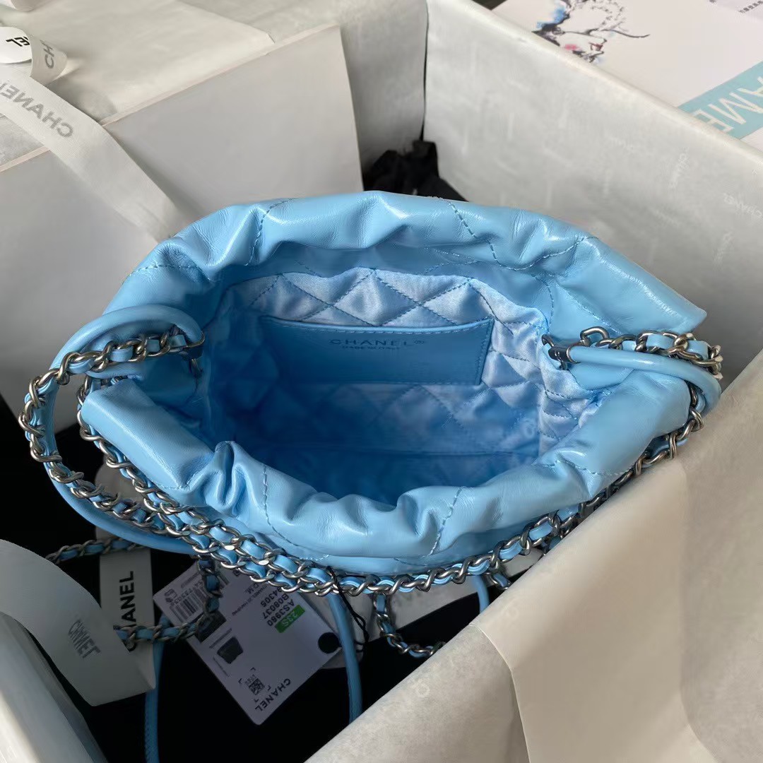 Chanel 22 AS3980 Mini Tote Shiny Calfskin & Silver-Tone Metal Sky Blue - Image 3