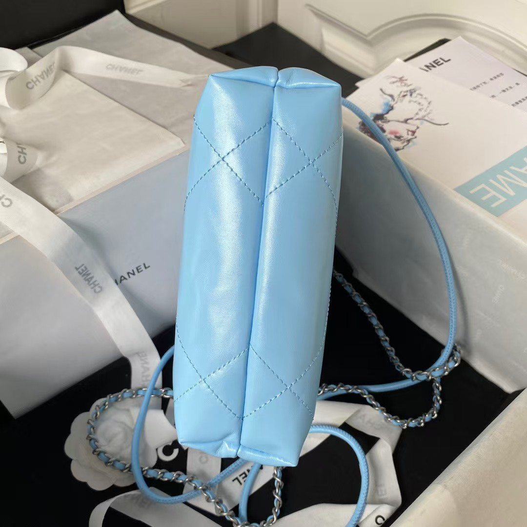 Chanel 22 AS3980 Mini Tote Shiny Calfskin & Silver-Tone Metal Sky Blue - Image 2