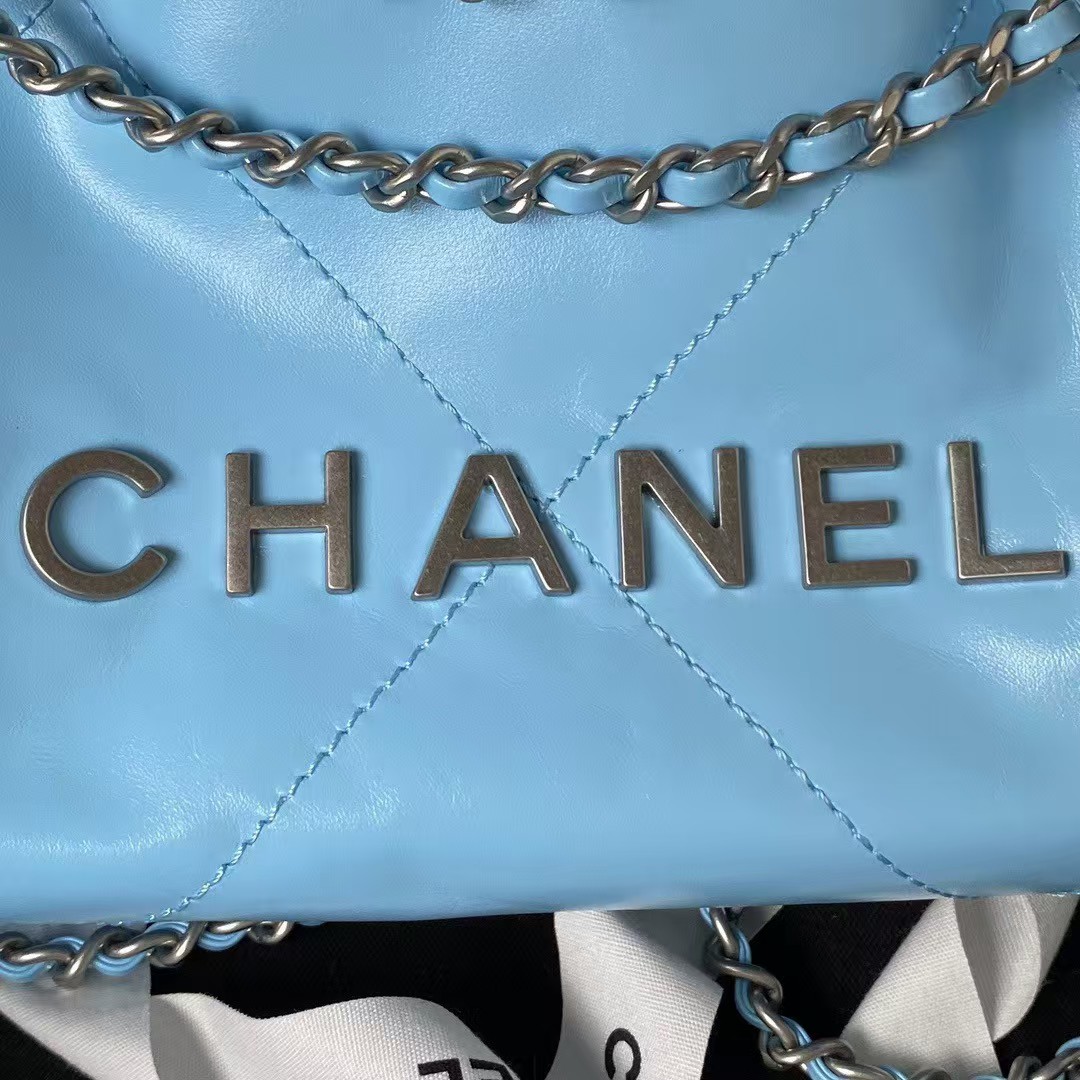 Chanel 22 AS3980 Mini Tote Shiny Calfskin & Silver-Tone Metal Sky Blue