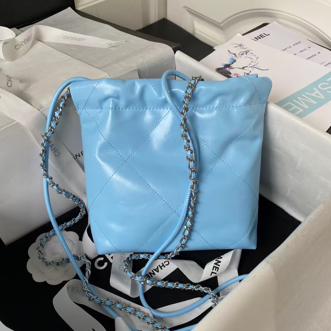 Chanel 22 AS3980 Mini Tote Shiny Calfskin & Silver-Tone Metal Sky Blue - Image 7