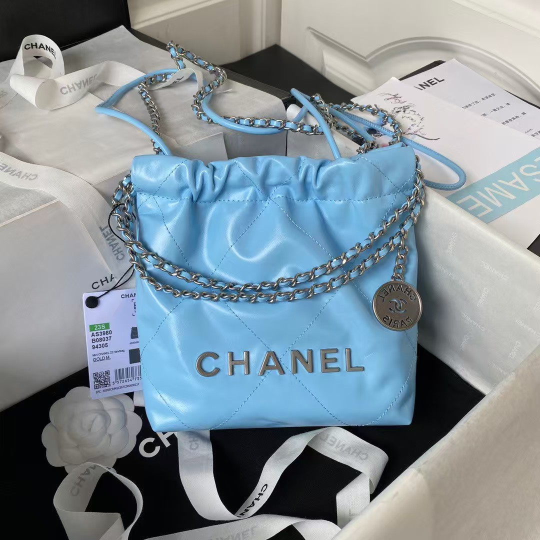 Chanel 22 AS3980 Mini Tote Shiny Calfskin & Silver-Tone Metal Sky Blue - Image 4