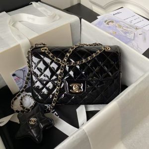 Chanel AS4648 Flap Bag Star Coin Purse Mirrored Calfskin Metallic Calfskin & Gold Metallic Black