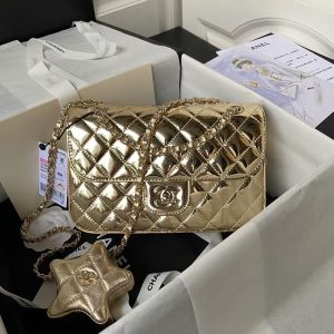 Chanel AS4648 Flap Bag Star Coin Purse Mirrored Calfskin Metallic Calfskin & Gold Metallic Gold