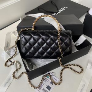 Chanel 24P AP3803 Shiny Crinkled Lambskin Chain Clutch Pearl Handle Black