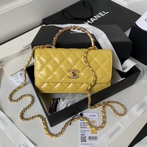 Chanel 24P AP3803 Shiny Crinkled Lambskin Chain Clutch Pearl Handle Yellow