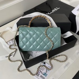 Chanel 24P AP3803 Shiny Crinkled Lambskin Chain Clutch Pearl Handle Green