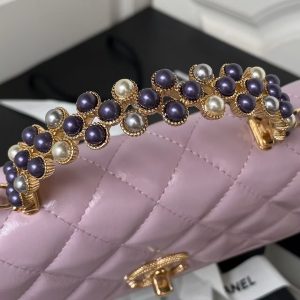 Chanel 24P AP3803 Shiny Crinkled Lambskin Chain Clutch Pearl Handle Purple