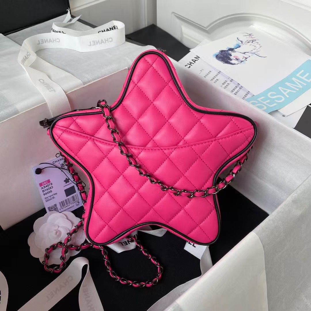 Chanel 24C AS4579 Star Bag Fuchsia and Black Satin Black Metal Hardware - Image 2