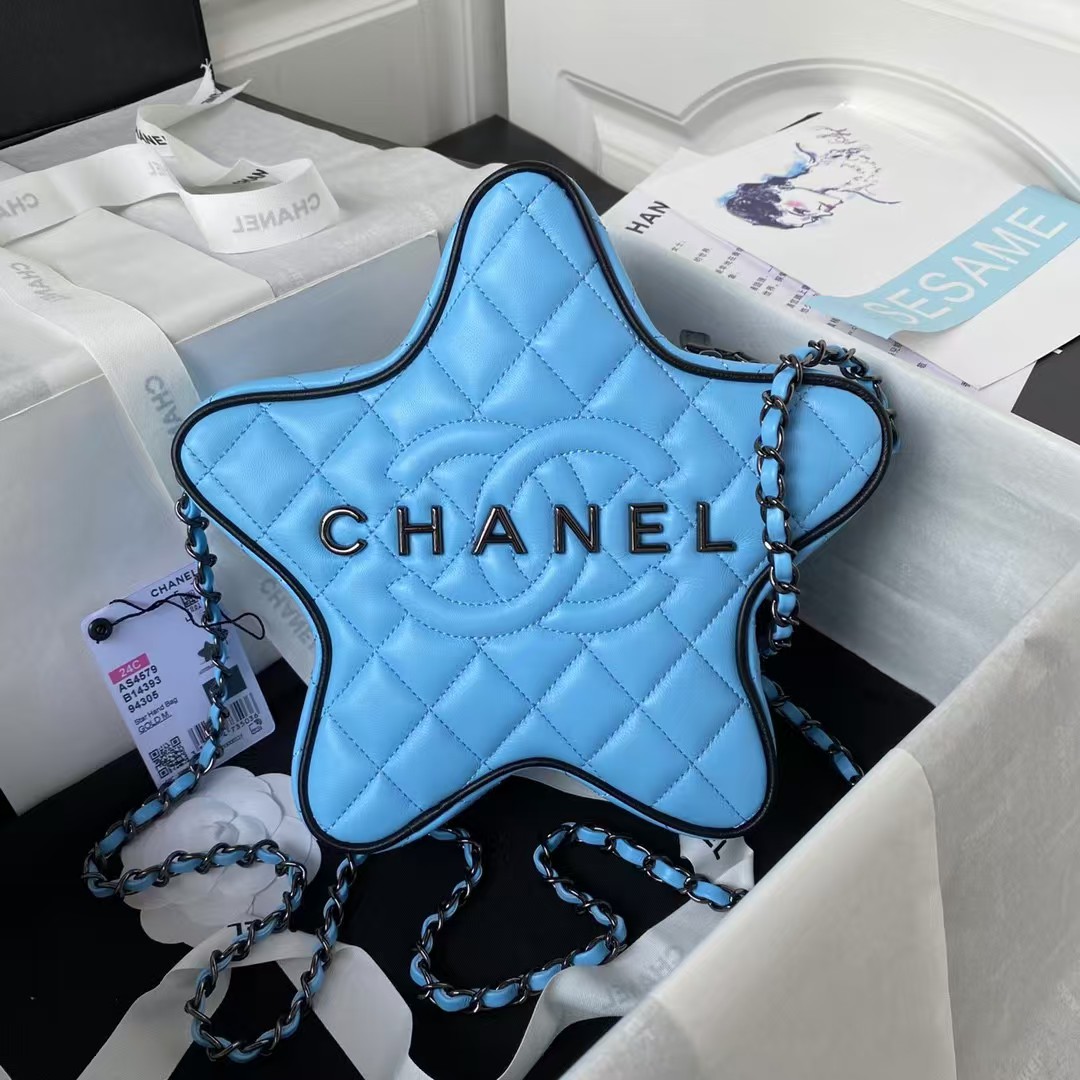 Chanel 24C AS4579 Star Bag Sky Blue and Black Satin Black Metal Hardware - Image 7