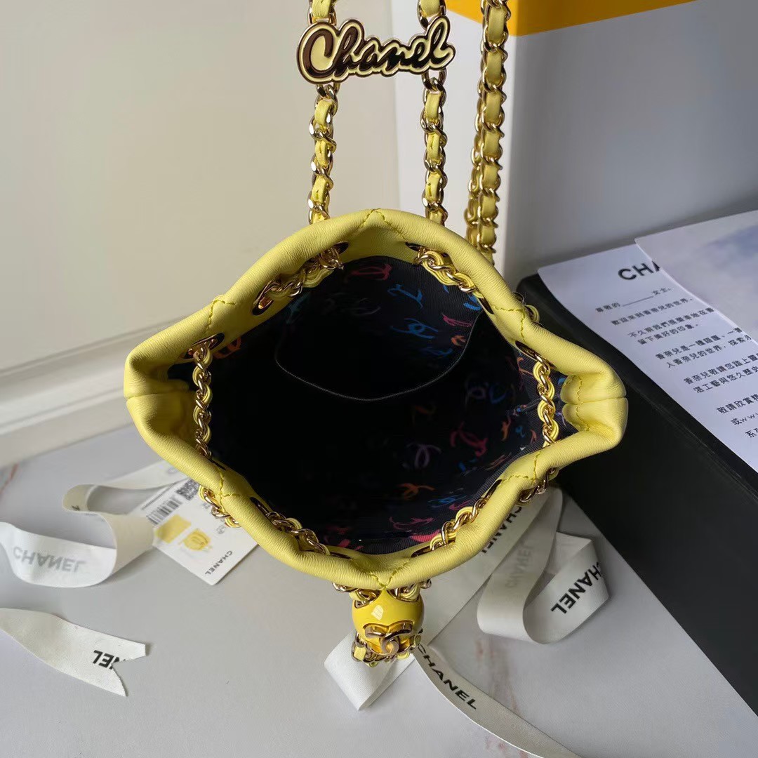 Chanel 24S AS4810 Medium CC Drawstring Backpack Shiny Lambskin Light Gold Hardware Yellow - Image 7