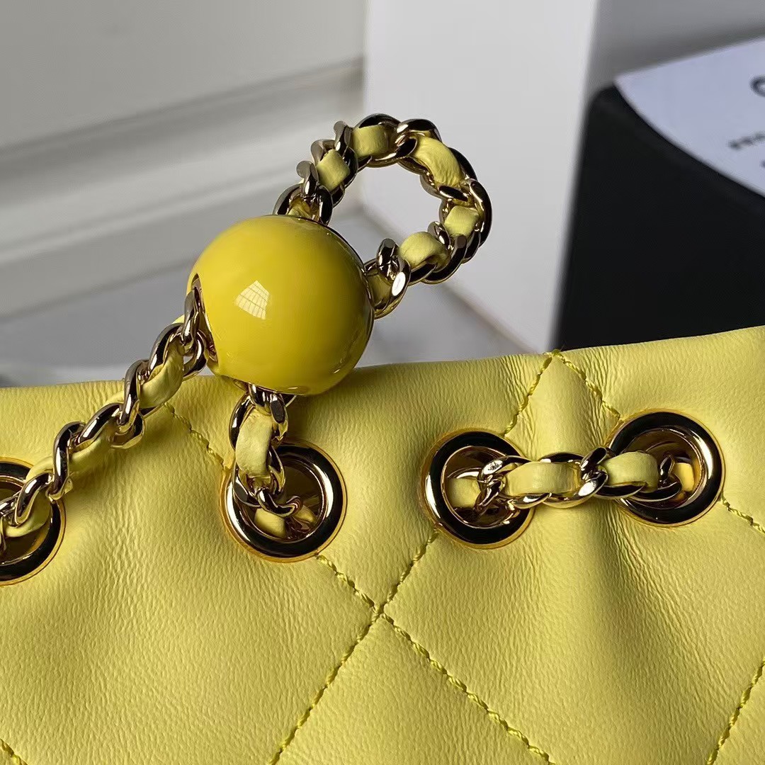 Chanel 24S AS4810 Medium CC Drawstring Backpack Shiny Lambskin Light Gold Hardware Yellow - Image 8