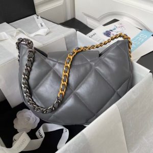 Chanel 24C AS4638 19 Hobo Bag Grey Lambskin Mixed Metal Hardware