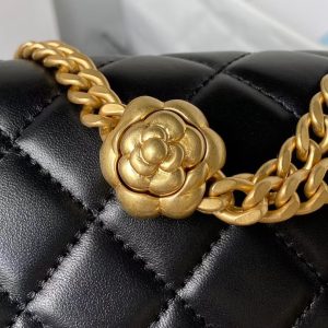 Chanel 23S AS4041 Mini Camellia Embossed Rectangular Flap Bag Antique Gold Hardware Black