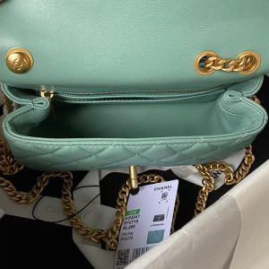 Chanel 23S AS4041 Mini Camellia Embossed Rectangular Flap Bag Antique Gold Hardware Green
