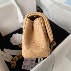 Chanel 23S AS4041 Mini Camellia Embossed Rectangular Flap Bag Antique Gold Metal Hardware Apricot