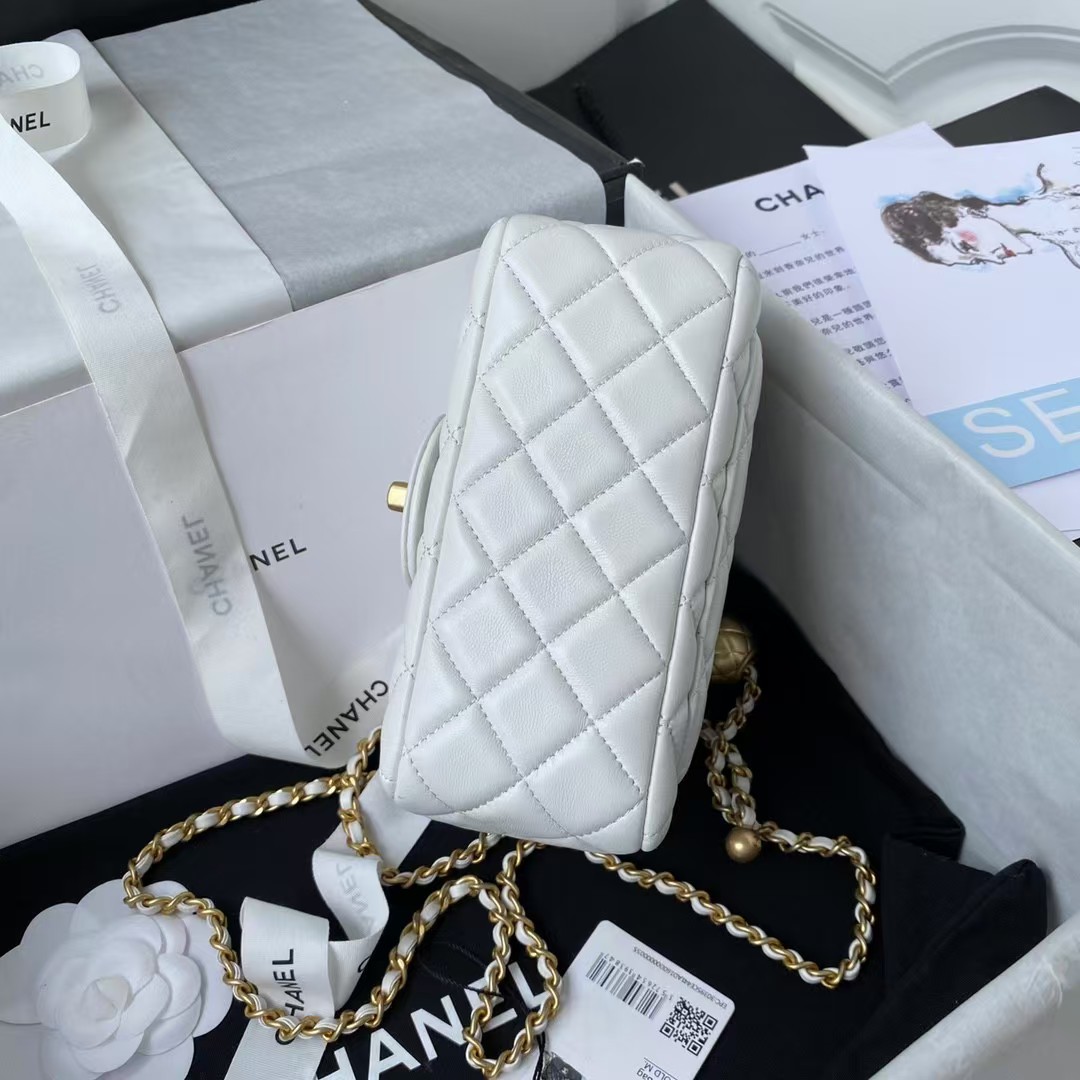 Chanel 23C AS1786 Mini Square Pearl Embossed Flap Bag Antique Gold Hardware White