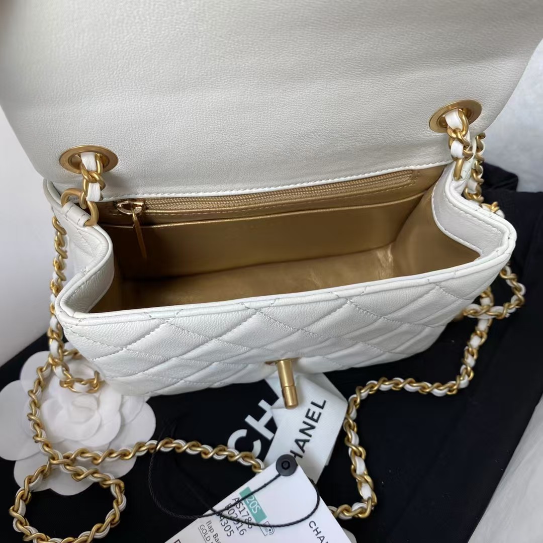 Chanel 23C AS1786 Mini Square Pearl Embossed Flap Bag Antique Gold Hardware White - Image 3