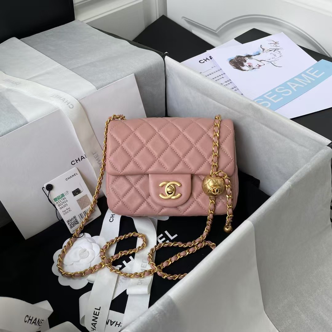 Chanel 23C AS1786 Mini Square Pearl Embossed Flap Bag Antique Gold Hardware Dark Pink - Image 6