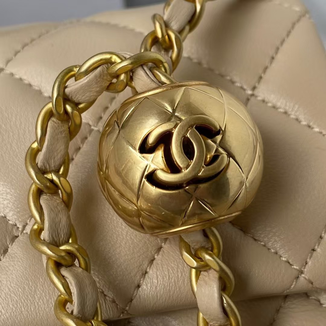 Chanel 23C AS1786 Mini Square Pearl Embossed Flap Bag Antique Gold Hardware Apricot - Image 4