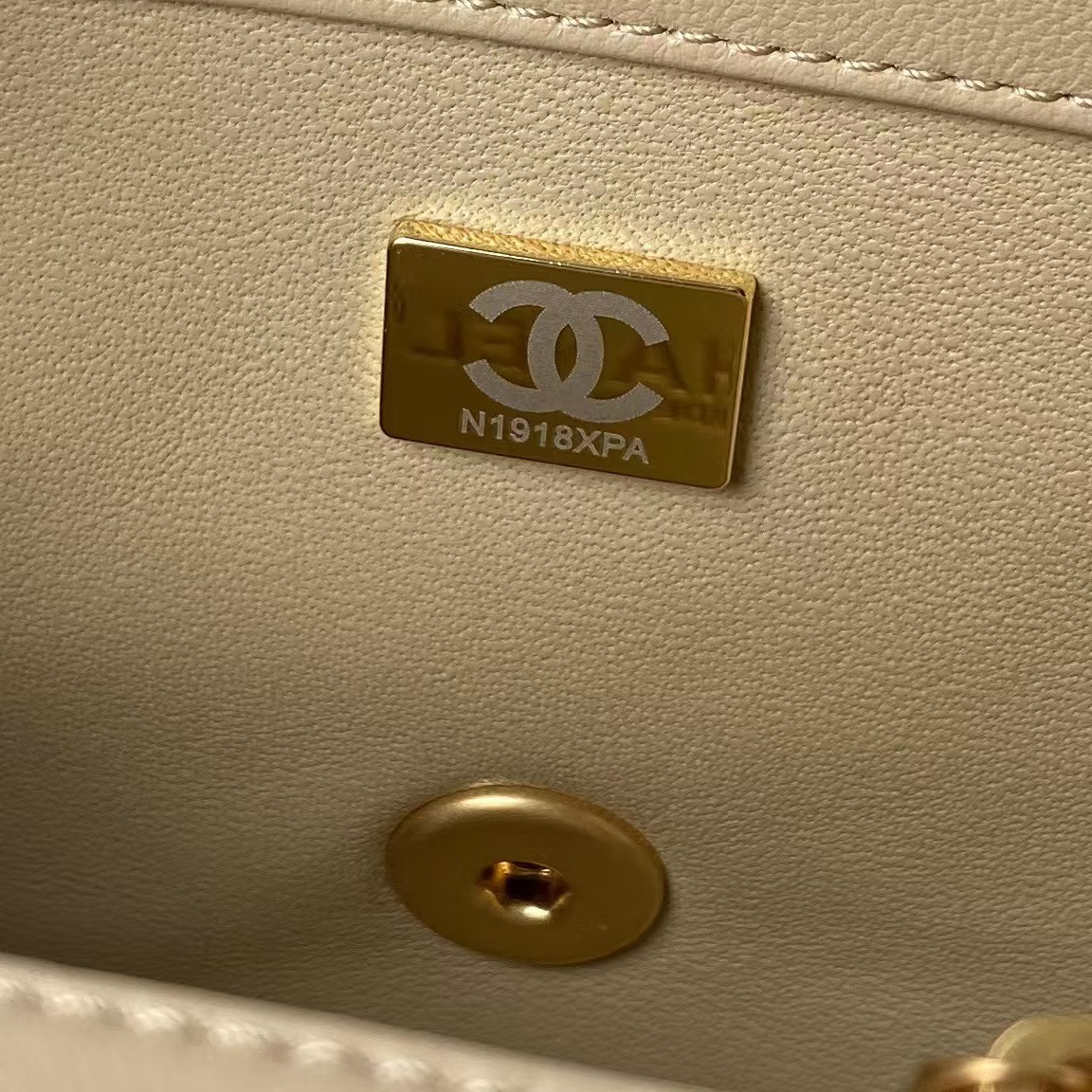 Chanel 23C AS1786 Mini Square Pearl Embossed Flap Bag Antique Gold Hardware Apricot - Image 5