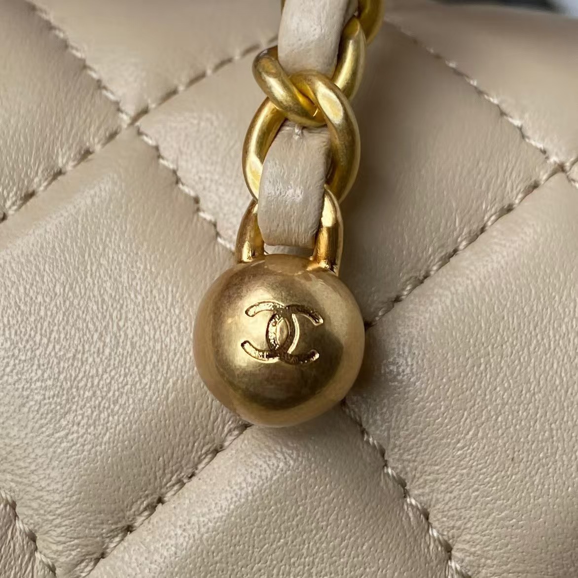 Chanel 23C AS1786 Mini Square Pearl Embossed Flap Bag Antique Gold Hardware Apricot - Image 7