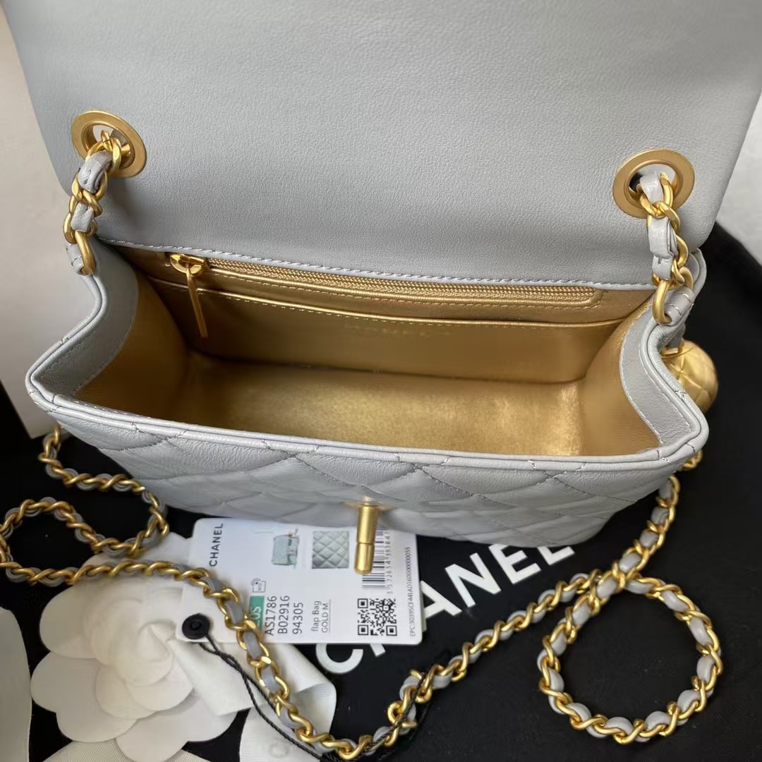 Chanel 23C AS1786 Mini Square Pearl Embossed Flap Bag Antique Gold Hardware Light Blue - Image 7