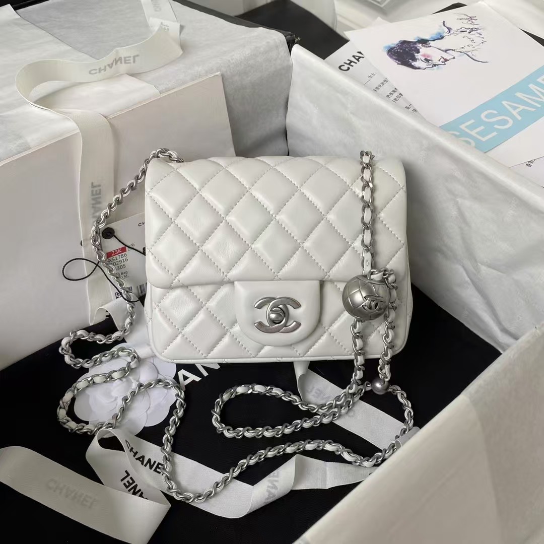 Chanel 23C AS1786 Mini Square Pearl Embossed Flap Bag Antique Silver Hardware White - Image 4