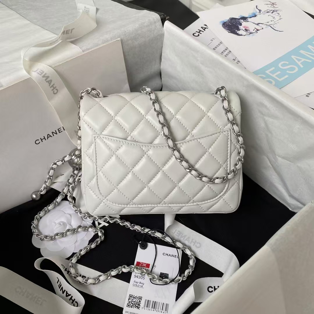Chanel 23C AS1786 Mini Square Pearl Embossed Flap Bag Antique Silver Hardware White - Image 9