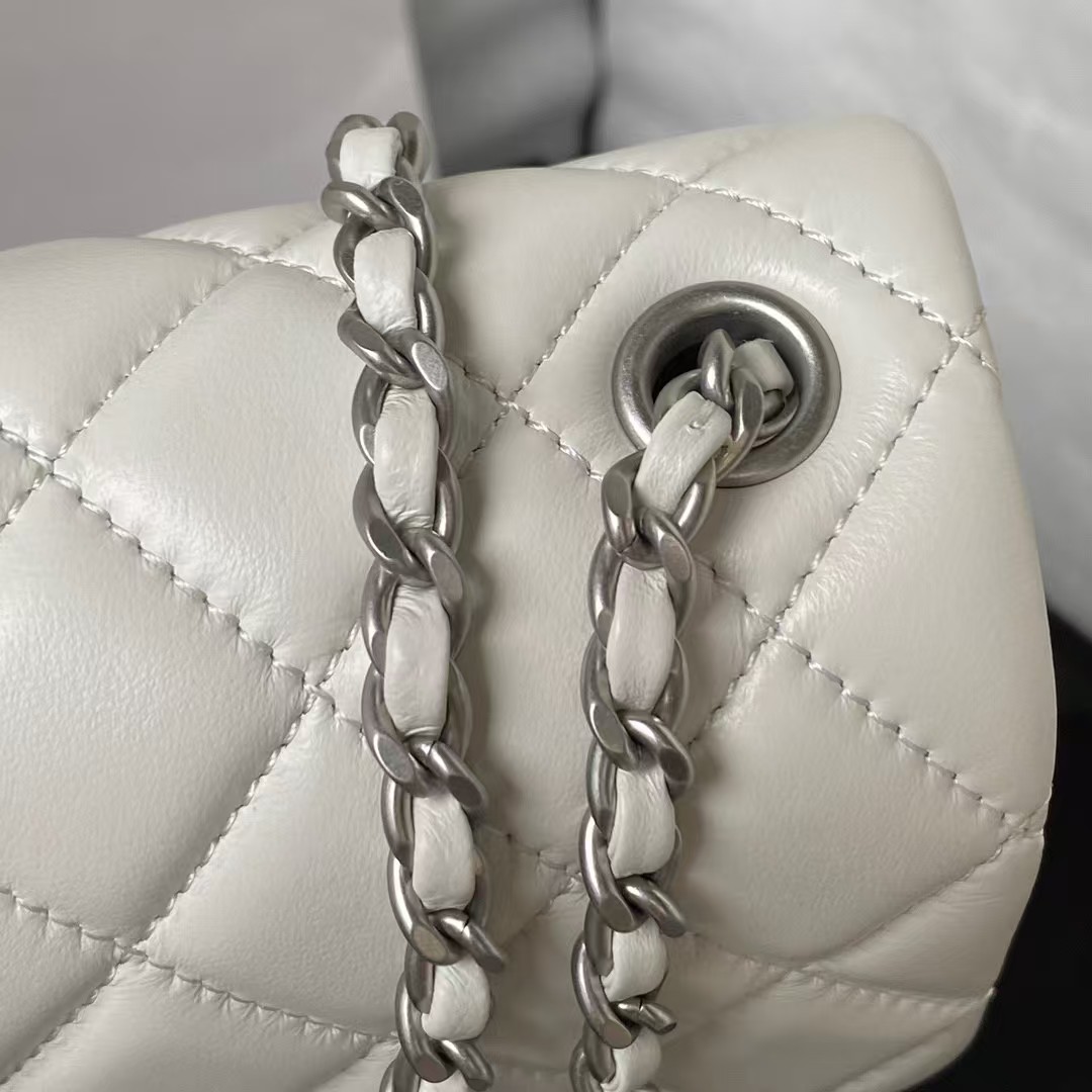 Chanel 23C AS1786 Mini Square Pearl Embossed Flap Bag Antique Silver Hardware White - Image 8