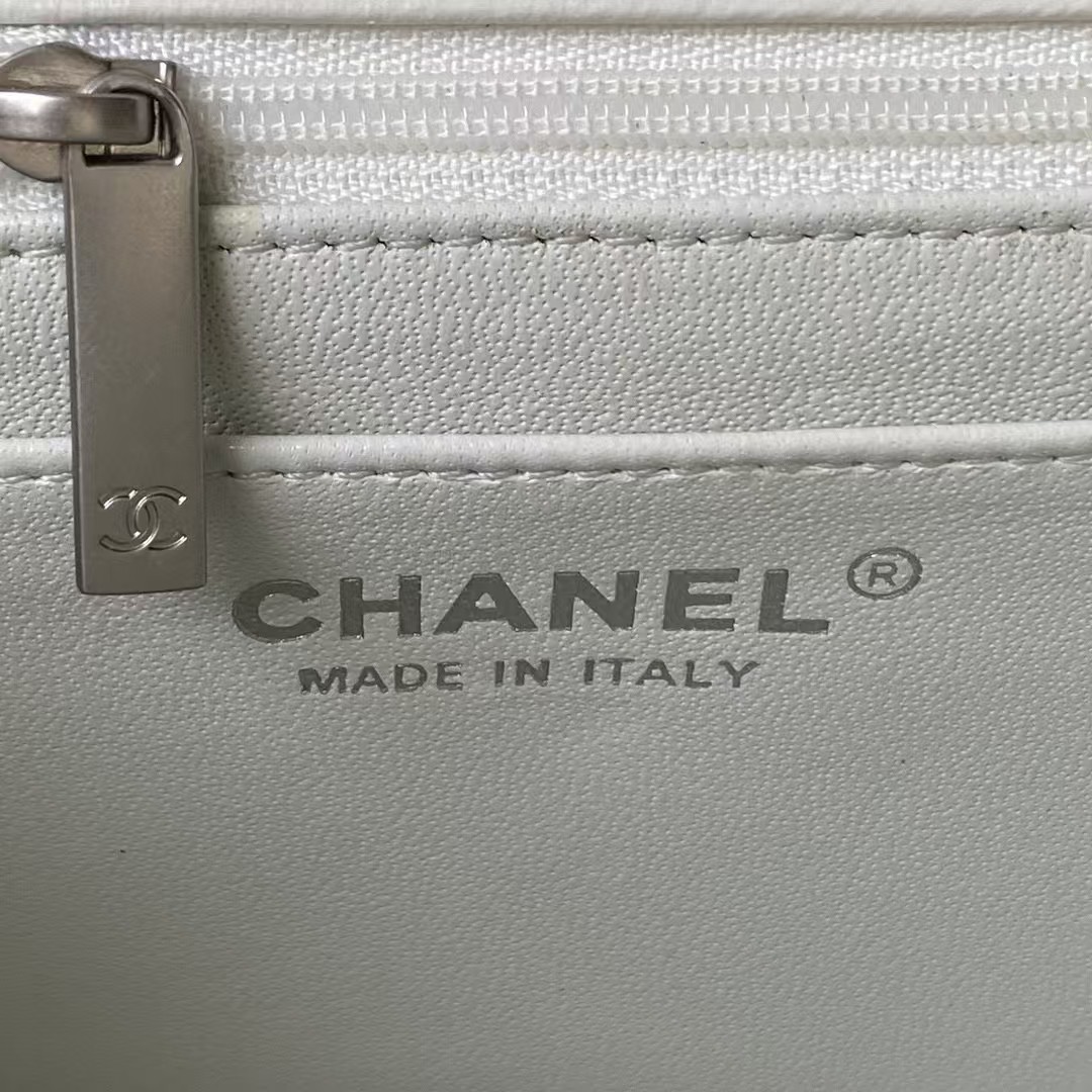 Chanel 23C AS1786 Mini Square Pearl Embossed Flap Bag Antique Silver Hardware White