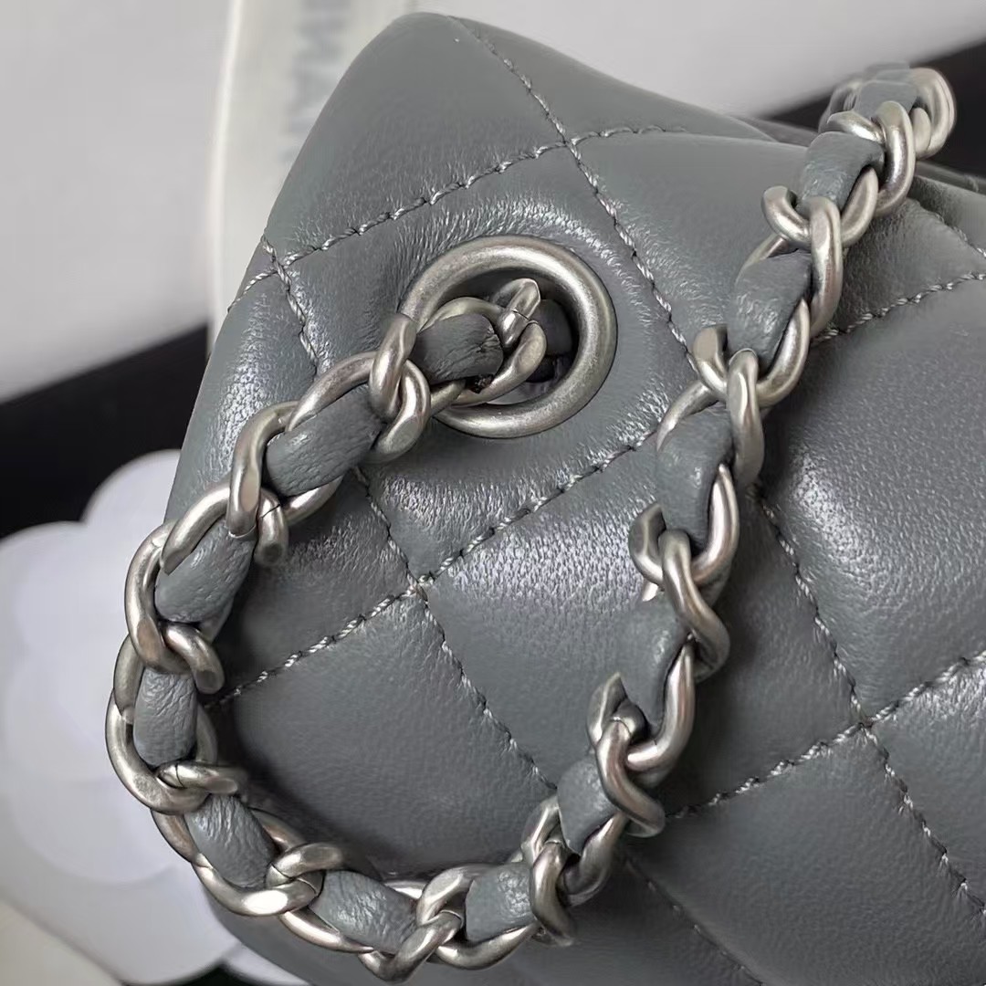 Chanel 23C AS1786 Mini Square Pearl Embossed Flap Bag Antique Silver Hardware Dark Grey - Image 8