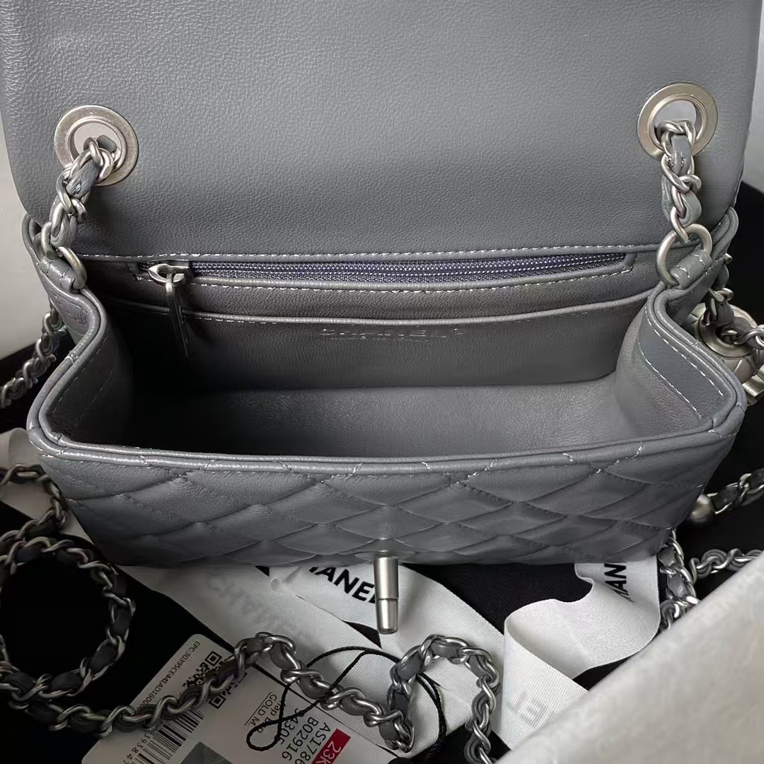Chanel 23C AS1786 Mini Square Pearl Embossed Flap Bag Antique Silver Hardware Dark Grey - Image 9