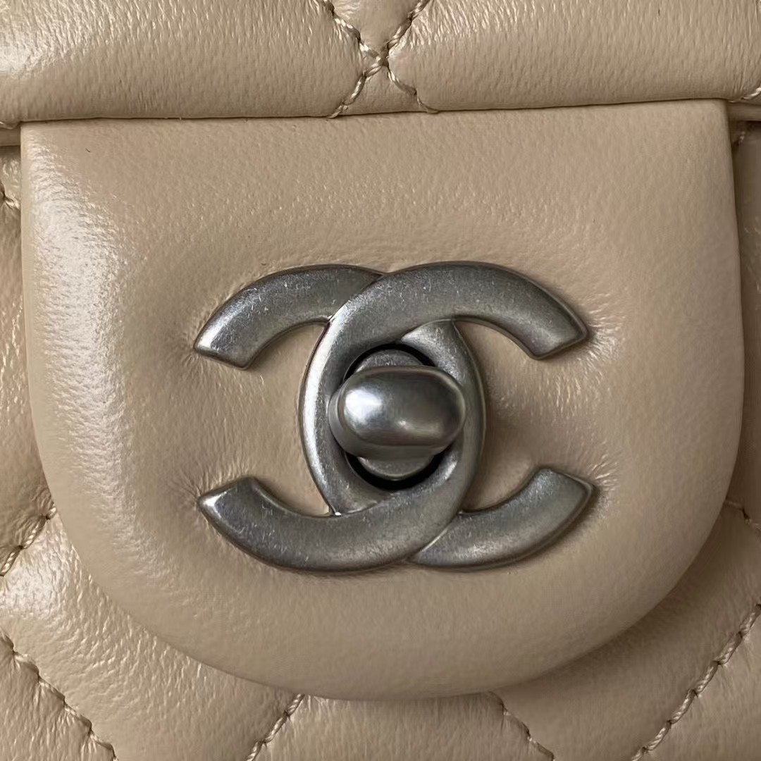 Chanel 23C AS1786 Mini Square Pearl Embossed Flap Bag Antique Silver Hardware Apricot