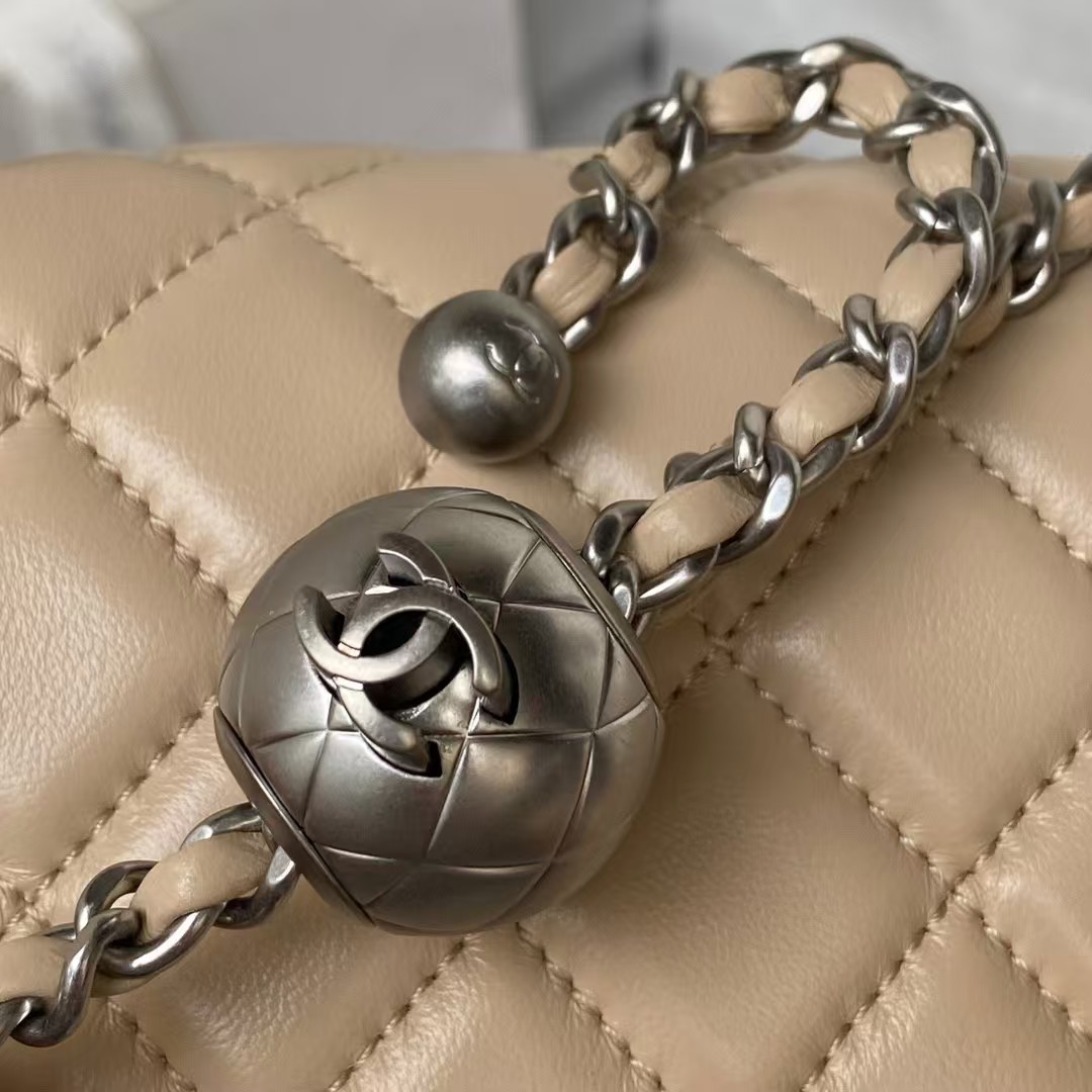 Chanel 23C AS1786 Mini Square Pearl Embossed Flap Bag Antique Silver Hardware Apricot - Image 5