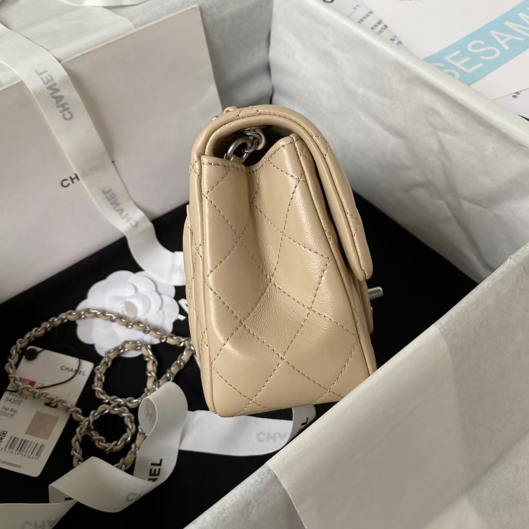 Chanel 23C AS1786 Mini Square Pearl Embossed Flap Bag Antique Silver Hardware Apricot - Image 7