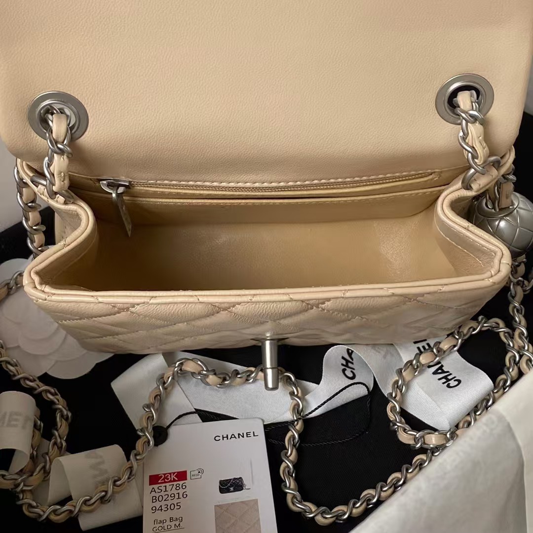 Chanel 23C AS1786 Mini Square Pearl Embossed Flap Bag Antique Silver Hardware Apricot - Image 3