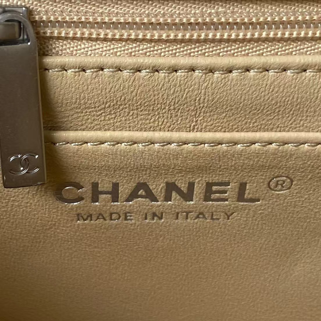 Chanel 23C AS1786 Mini Square Pearl Embossed Flap Bag Antique Silver Hardware Apricot - Image 2