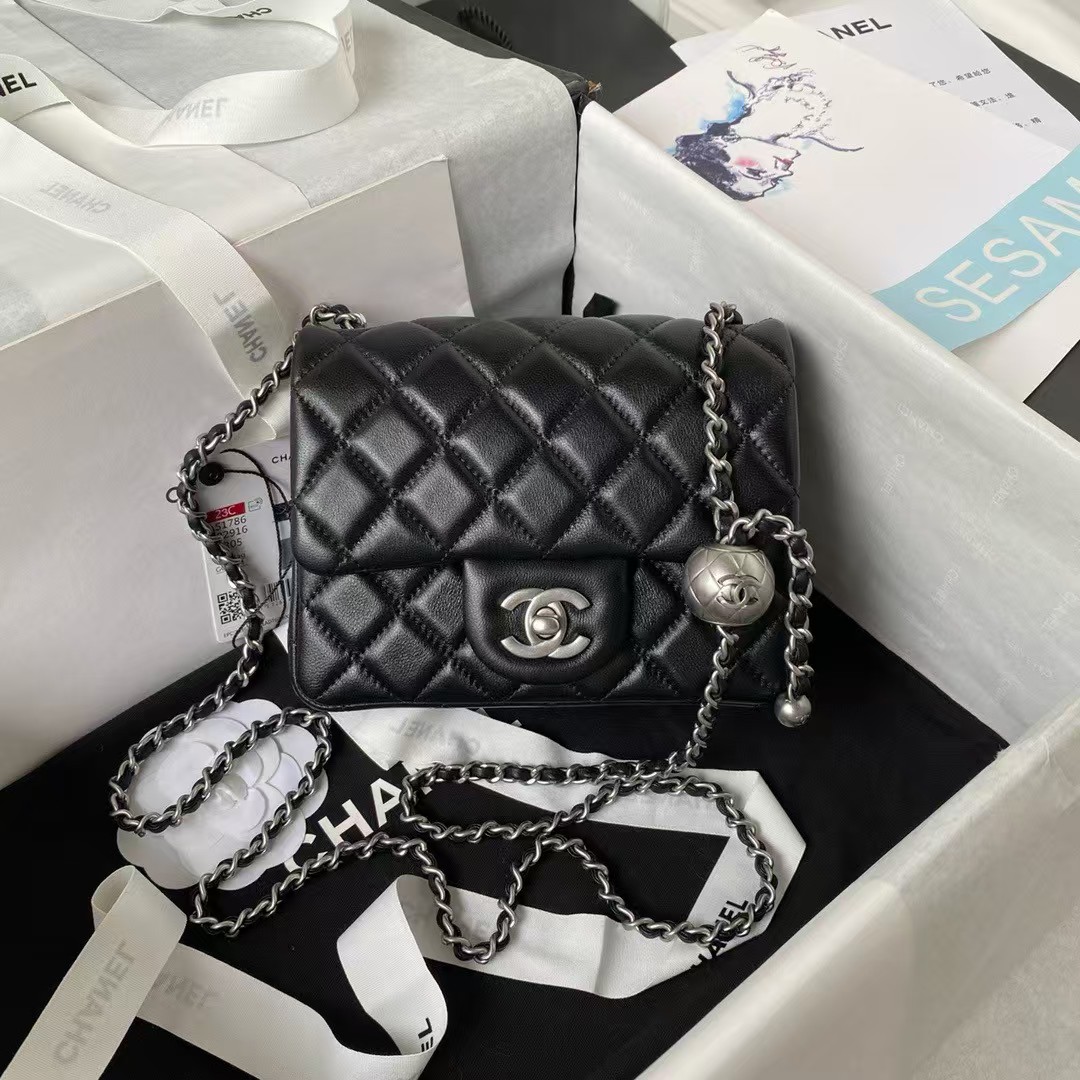 Chanel 23C AS1786 Mini Square Pearl Embossed Flap Bag Antique Silver Hardware Black - Image 8