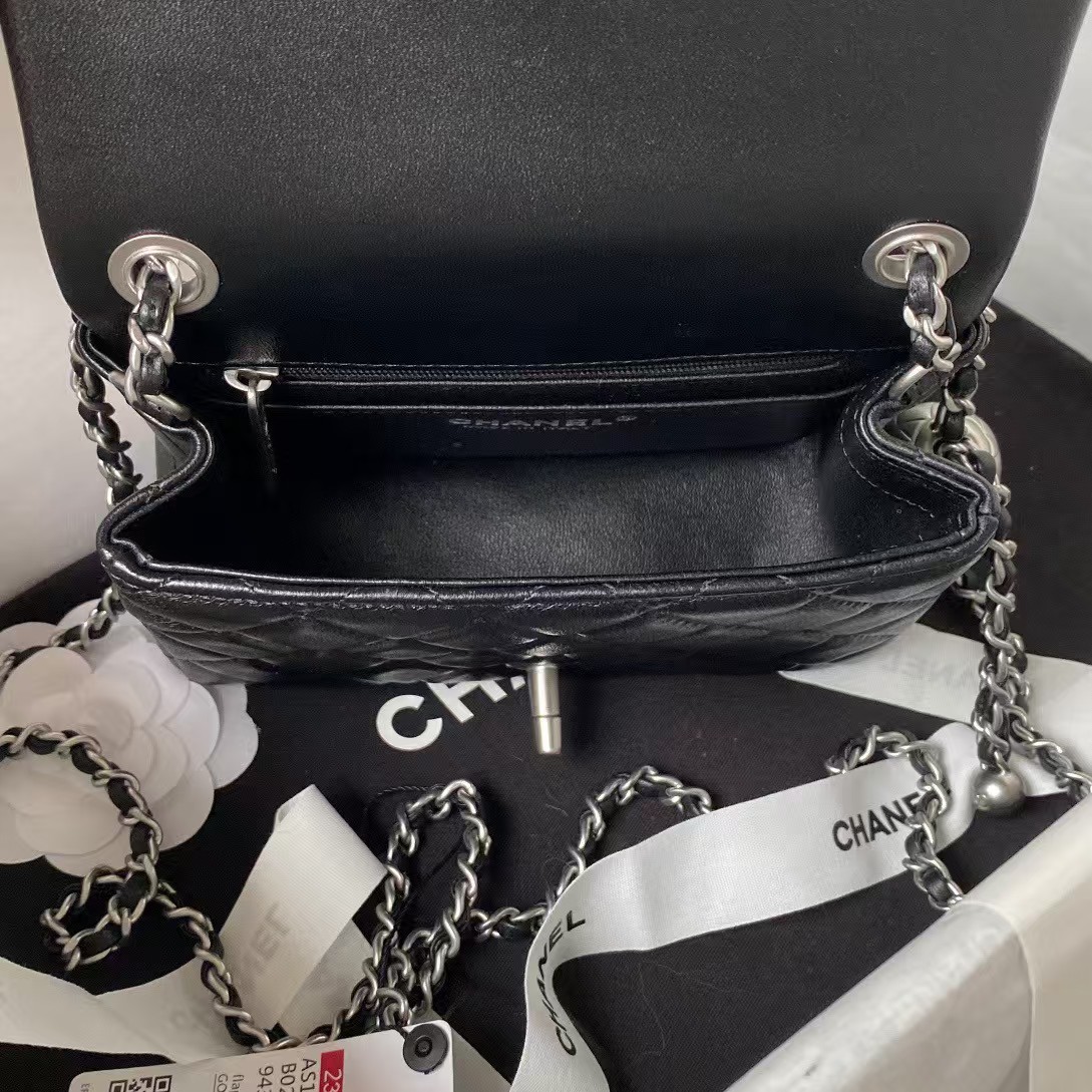 Chanel 23C AS1786 Mini Square Pearl Embossed Flap Bag Antique Silver Hardware Black - Image 7