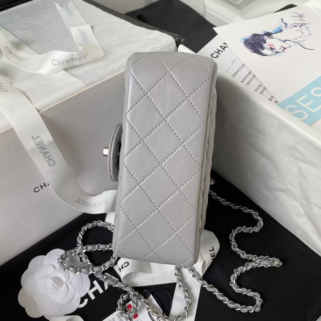 Chanel 23C AS1786 Mini Square Pearl Embossed Flap Bag Antique Silver Hardware Grey - Image 2