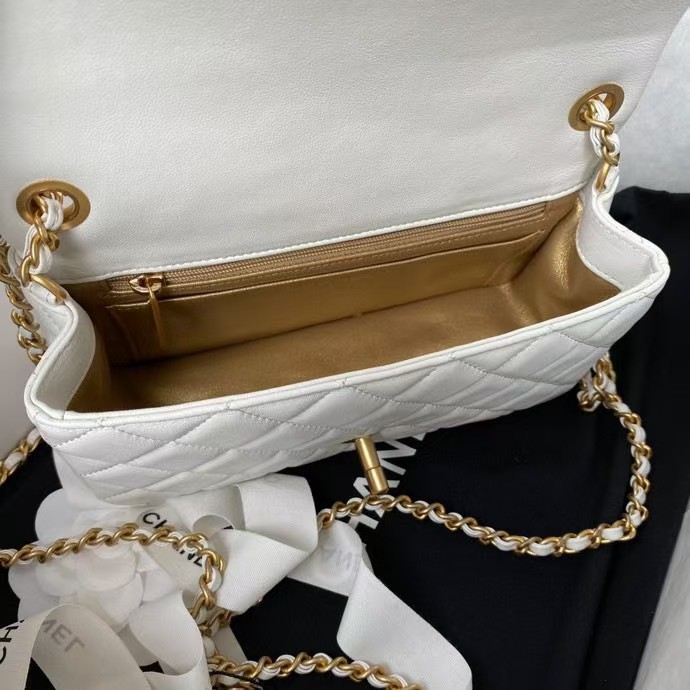 Chanel 23K AS1787 Mini Pearl Embossed Rectangular Flap Bag Lambskin Brushed Metal Hardware White - Image 7