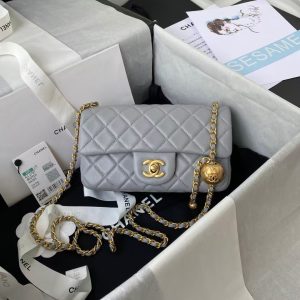Chanel 23K AS1787 Mini Pearl Embossed Rectangular Flap Bag Lambskin Brushed Metal Hardware Light Grey