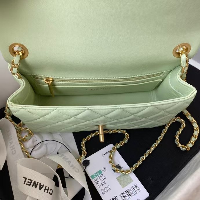 Chanel 23K AS1787 Mini Pearl Embossed Rectangular Flap Bag Lambskin Brushed Metal Hardware Light Green - Image 3