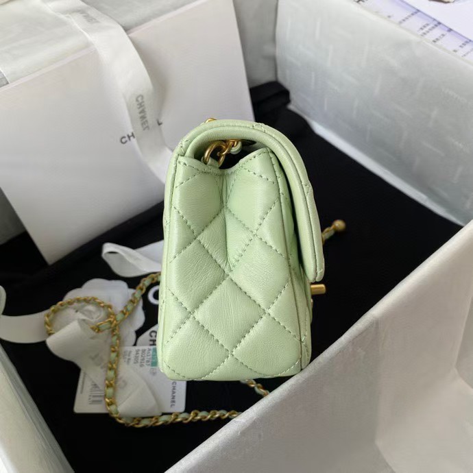 Chanel 23K AS1787 Mini Pearl Embossed Rectangular Flap Bag Lambskin Brushed Metal Hardware Light Green