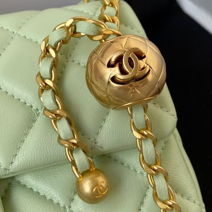 Chanel 23K AS1787 Mini Pearl Embossed Rectangular Flap Bag Lambskin Brushed Metal Hardware Light Green - Image 6