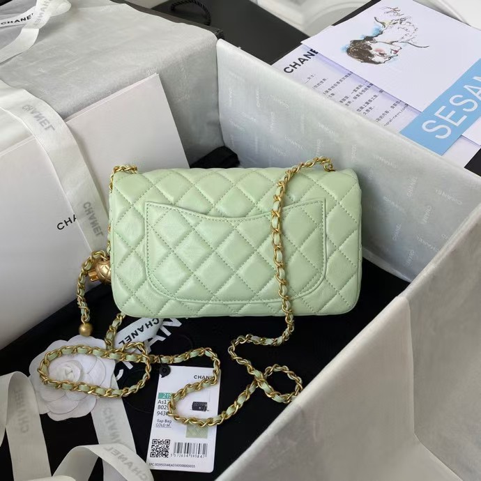 Chanel 23K AS1787 Mini Pearl Embossed Rectangular Flap Bag Lambskin Brushed Metal Hardware Light Green - Image 8