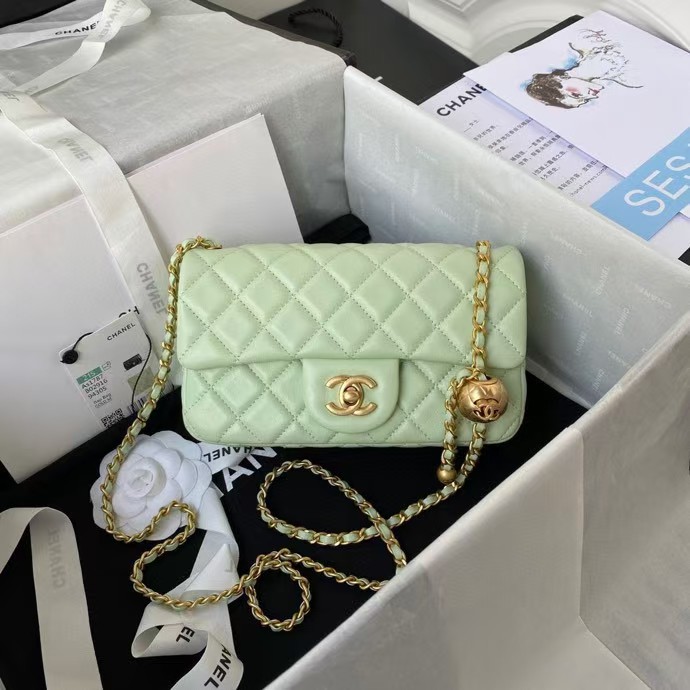 Chanel 23K AS1787 Mini Pearl Embossed Rectangular Flap Bag Lambskin Brushed Metal Hardware Light Green - Image 5